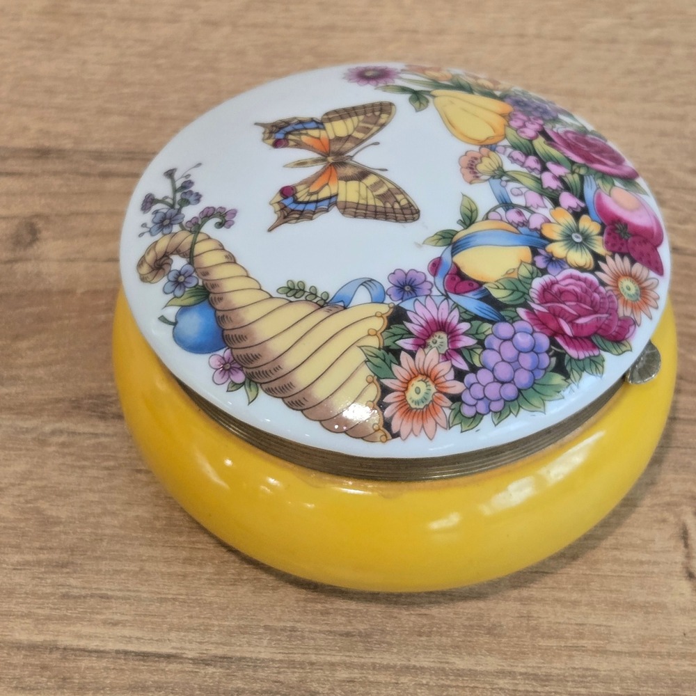 Vtg Ardalt Lenwile China Covered Trinket Box Yellow Butterfly Floral Cornucopia